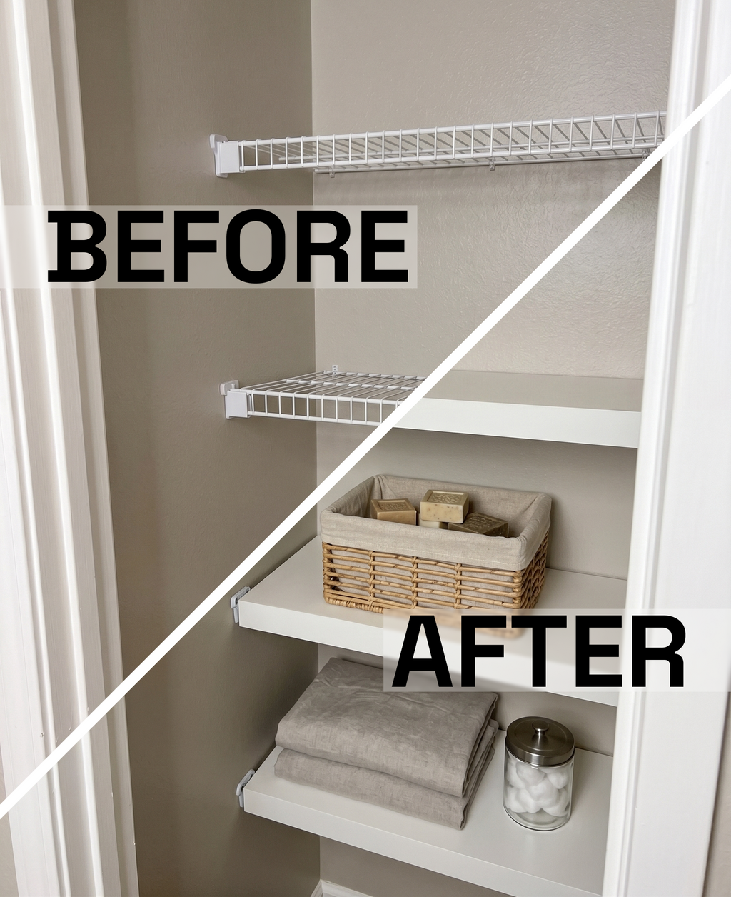 Comparison of a closet before and after organization with labeled 'Before' and 'After'.