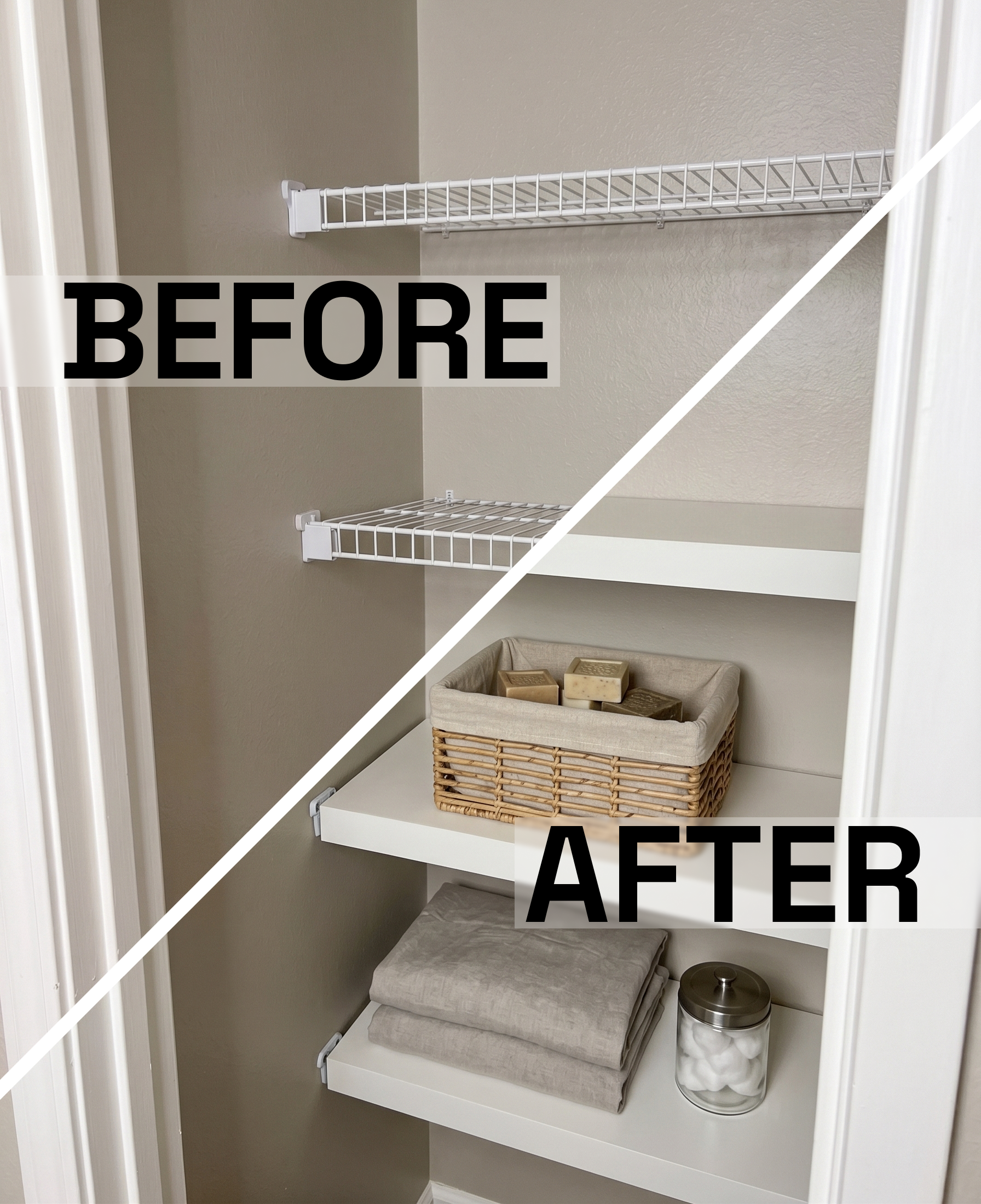 Comparison of a closet before and after organization with labeled 'Before' and 'After'.